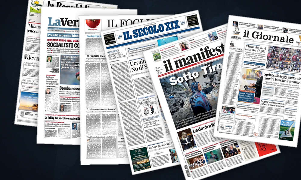 Collage delle prime pagine analizzate: Hormuz, Kiev e Madrid dominano le prime pagine