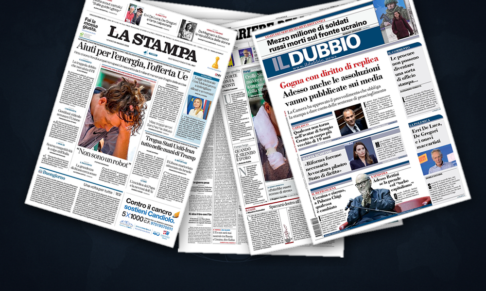 Collage delle prime pagine analizzate: Hormuz e Kiev guidano le prime pagine