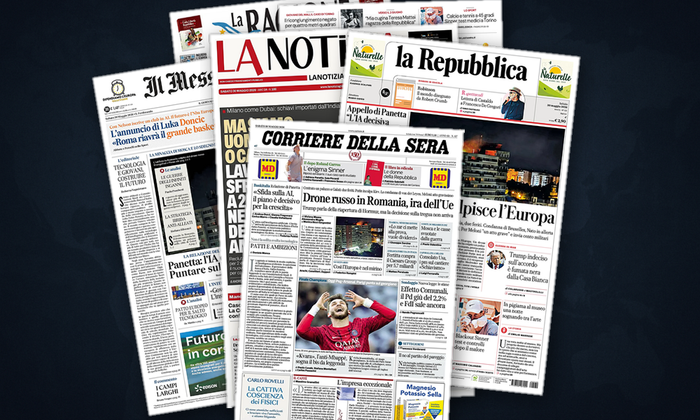 Collage delle prime pagine analizzate: Romania, Hormuz e Libano: l'Italia legge il mondo
