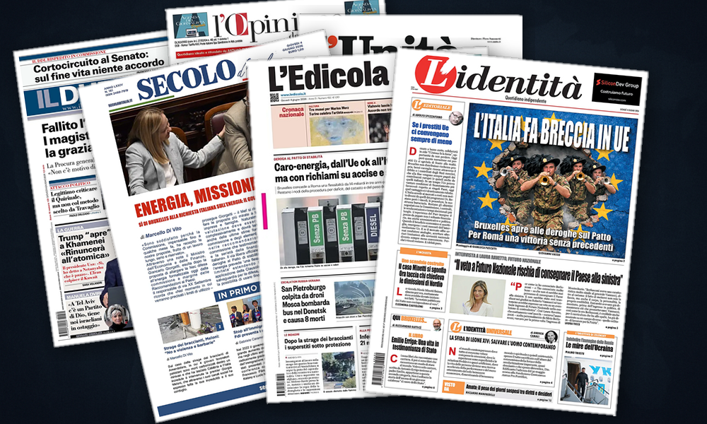 Collage delle prime pagine analizzate: Droni su San Pietroburgo, tensione nel Golfo