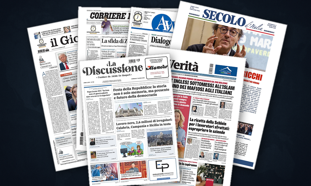 Collage delle prime pagine analizzate: Kiev, Volenterosi e lombra del Mossad