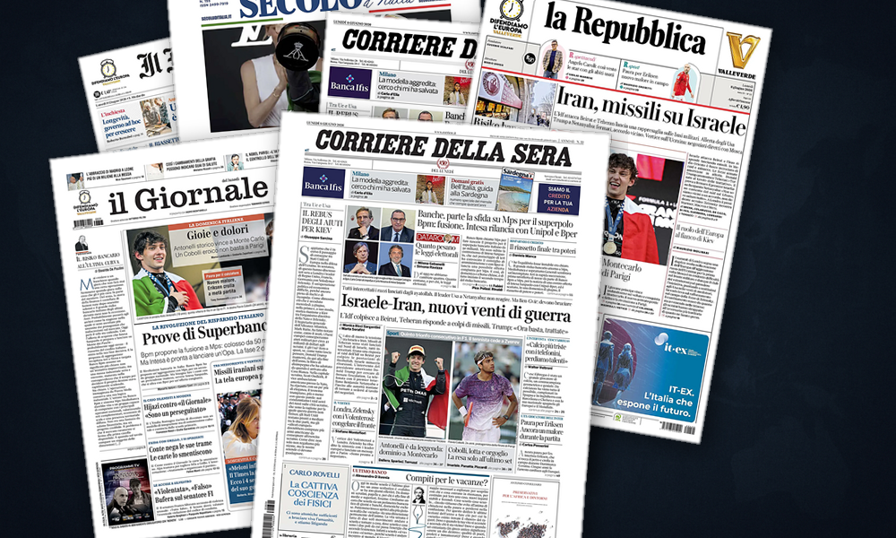 Collage delle prime pagine analizzate: Israele-Iran e Ucraina dominano le prime pagine