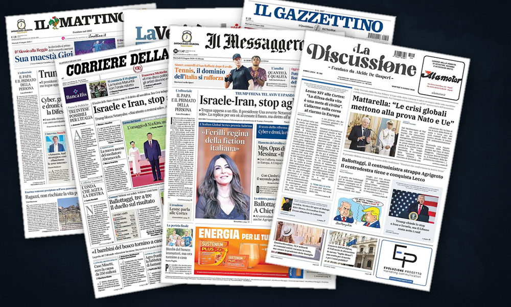 Collage delle prime pagine analizzate: Tregua fragile, diplomazie in moto
