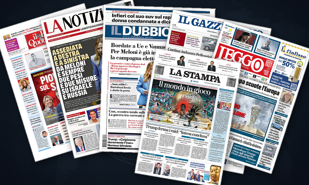 Collage delle prime pagine analizzate: Iran, Kiev e migranti: l’Europa in bilico