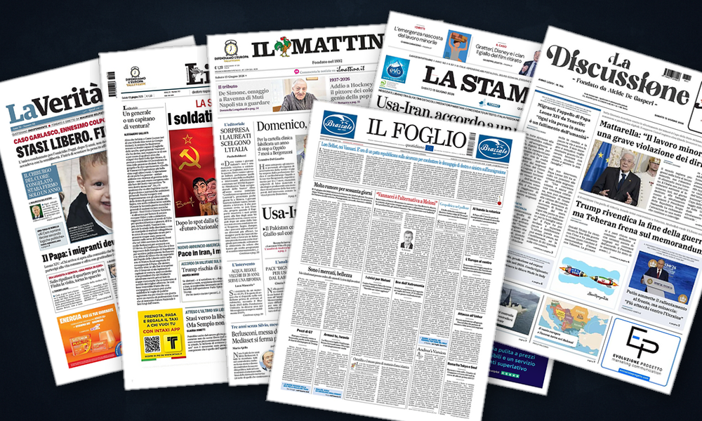 Collage delle prime pagine analizzate: Intesa USA-Iran domina le prime pagine