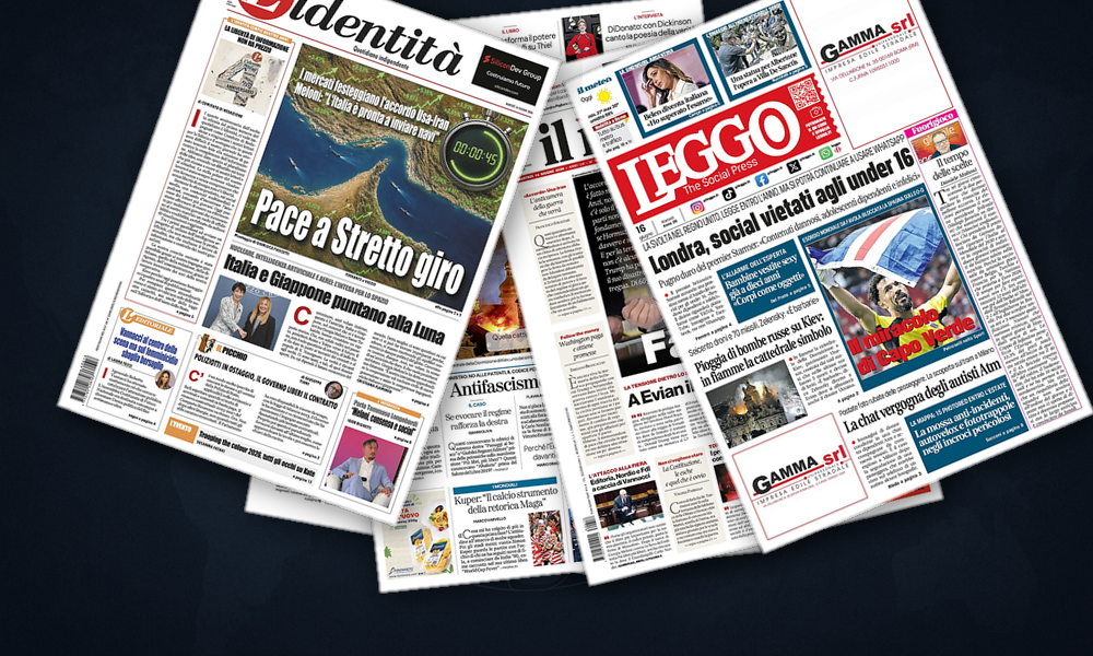 Collage delle prime pagine analizzate: Hormuz riapre, G7 diviso, Kiev ferita