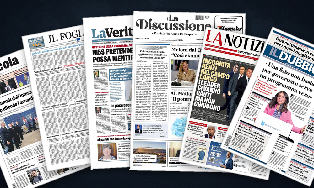 Collage delle prime pagine analizzate: Teheran ricompatta il G7, Kiev torna centrale