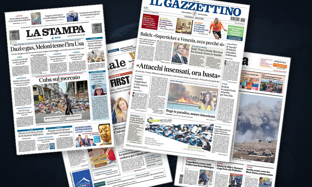 Collage delle prime pagine analizzate: Ormuz, Libano e l’asse Roma‑Washington