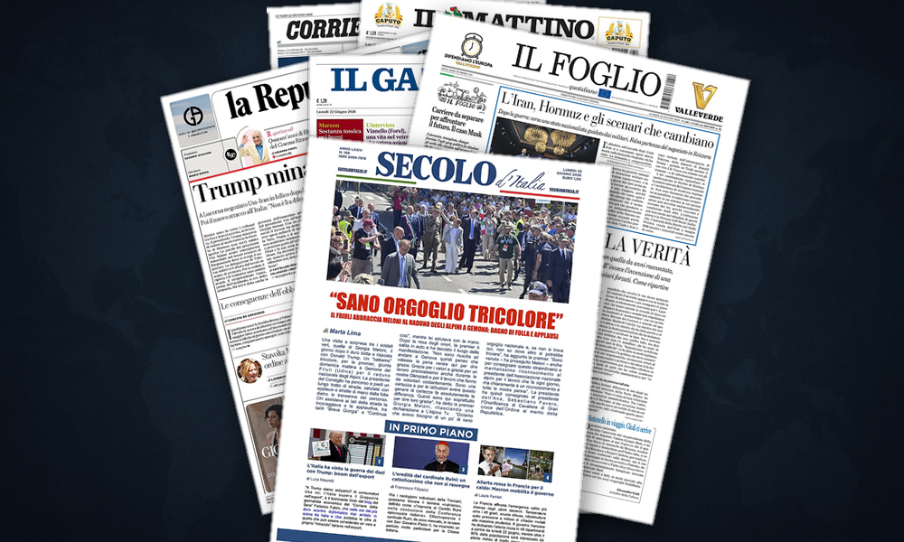 Collage delle prime pagine analizzate: Hormuz, minacce e diplomazia in stallo