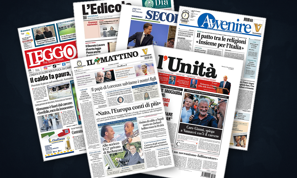 Collage delle prime pagine analizzate: Scontro su basi NATO e ruolo dell’Europa