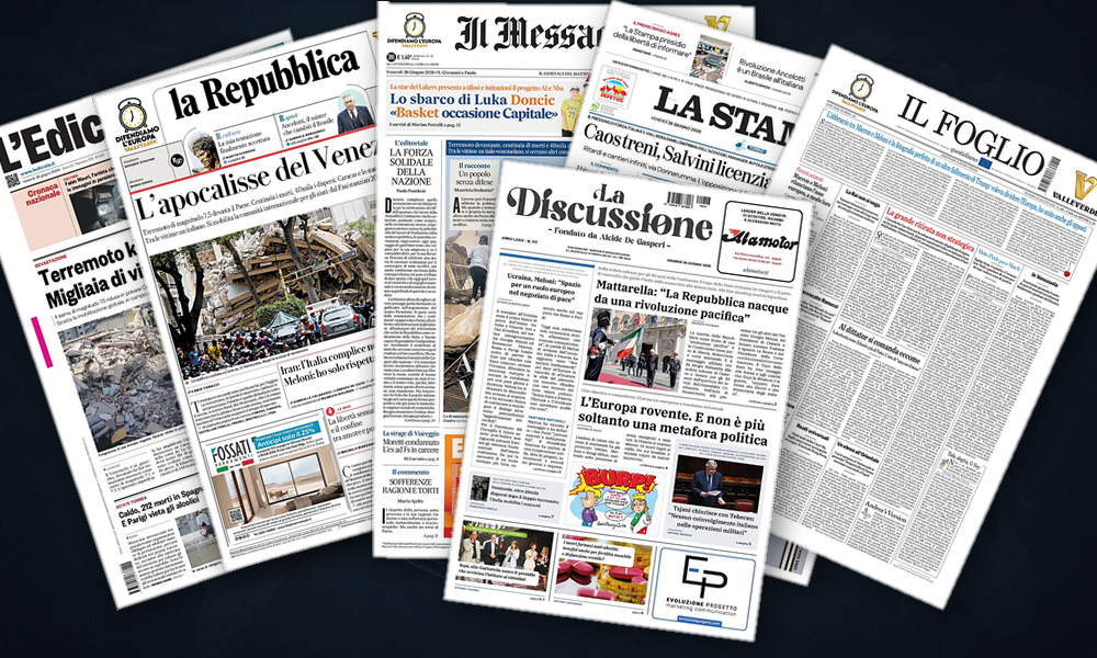 Collage delle prime pagine analizzate: Antibes, Iran e Venezuela in vetrina