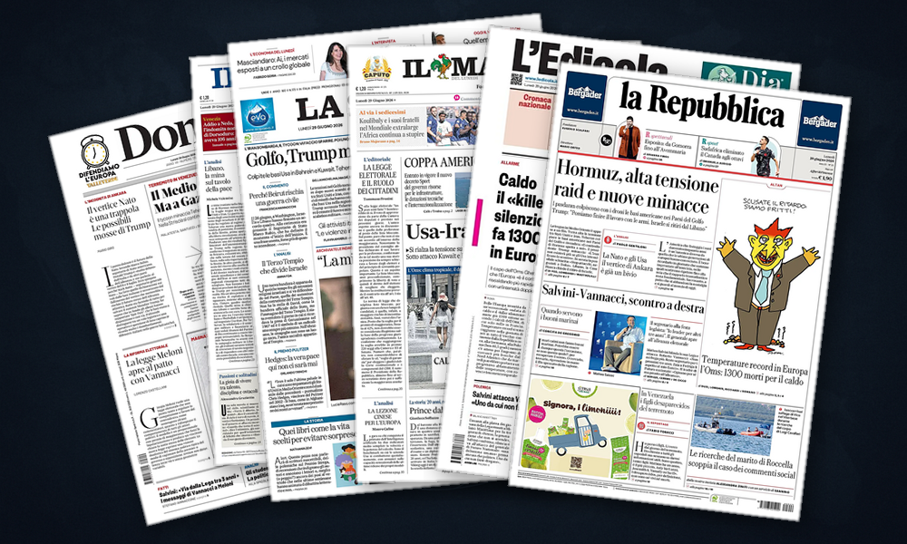 Collage delle prime pagine analizzate: Hormuz in fiamme, Venezuela in ginocchio