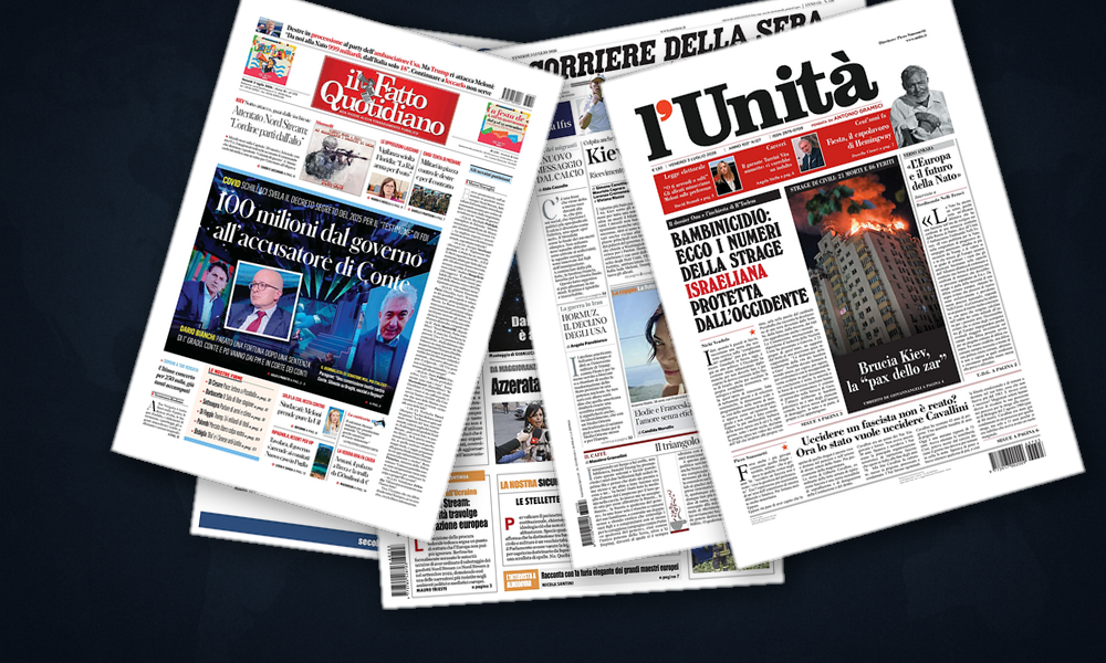 Collage delle prime pagine analizzate: Kiev in fiamme, NATO in bilico