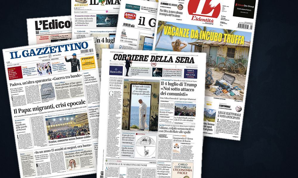 Collage delle prime pagine analizzate: Migranti, Trump e la Nato