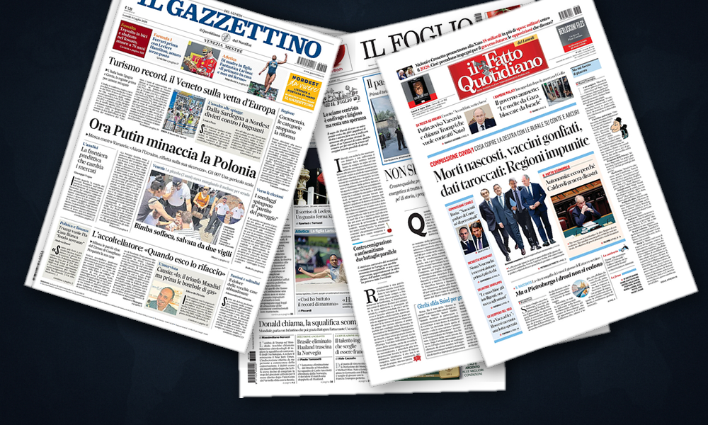 Collage delle prime pagine analizzate: Nato ad Ankara, minacce russe e tensioni USA