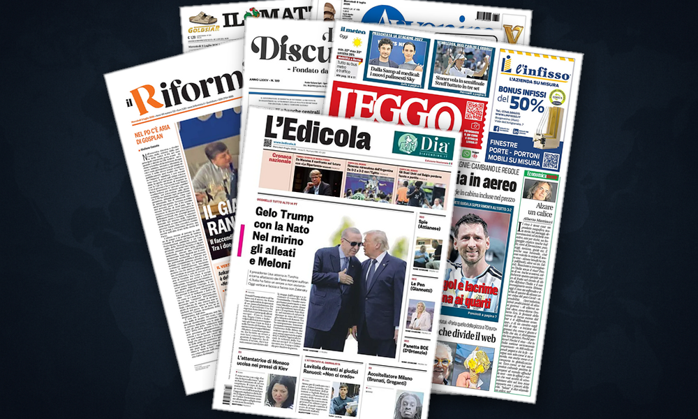 Collage delle prime pagine analizzate: Trump scuote la Nato, Le Pen rilancia