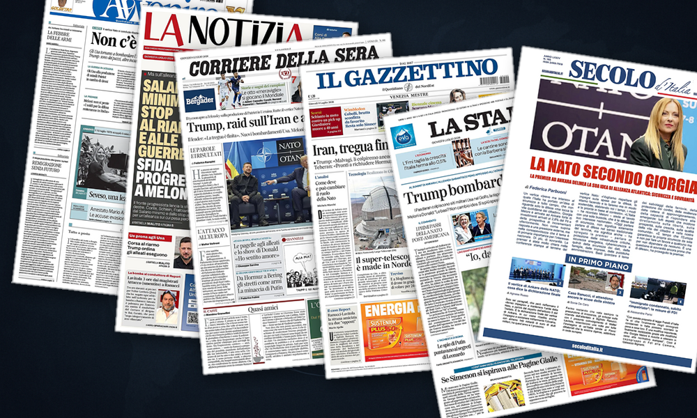 Collage delle prime pagine analizzate: NATO ad Ankara, Hormuz in fiamme