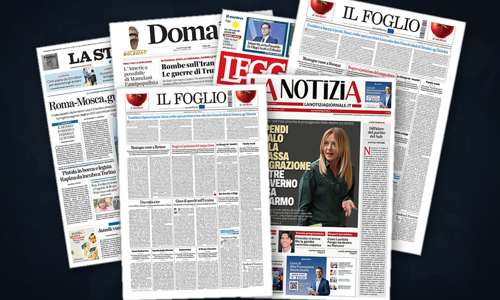 Collage delle prime pagine analizzate: Hormuz in fiamme, Europa in allerta