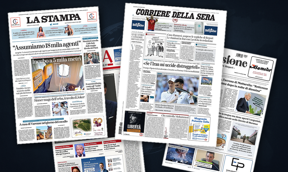 Collage delle prime pagine analizzate: Golfo, Ucraina e incendi: le scelte italiane