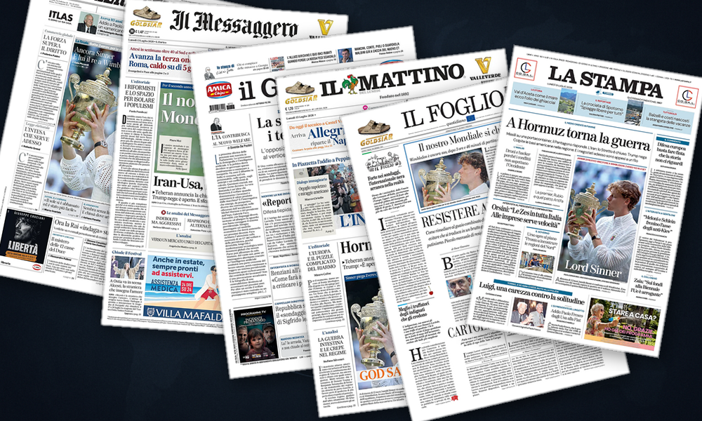 Collage delle prime pagine analizzate: Hormuz in fiamme, Kiev in assestamento
