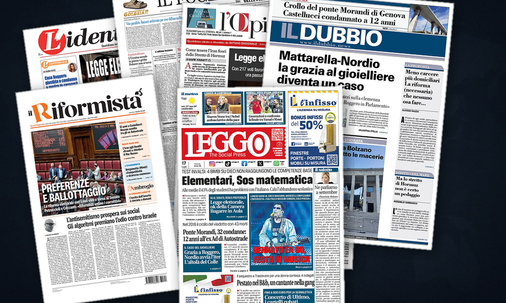 Collage delle prime pagine analizzate: Ucraina in subbuglio, tensioni nello Stretto