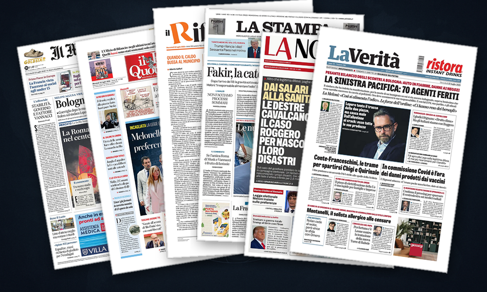 Collage delle prime pagine analizzate: Iran, dazi USA e scosse in Ucraina