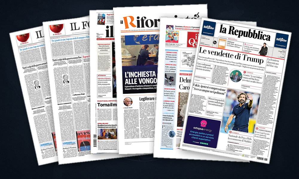 Collage delle prime pagine analizzate: Golfo in fiamme, dazi in vista