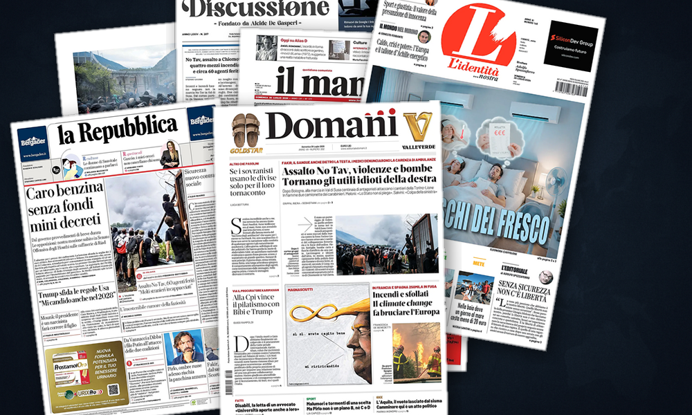Collage delle prime pagine analizzate: Crisi a Hormuz, Trump e focolai globali