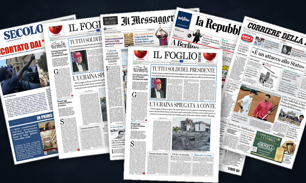 Collage delle prime pagine analizzate: Berlino, Medio Oriente e l’ombra americana