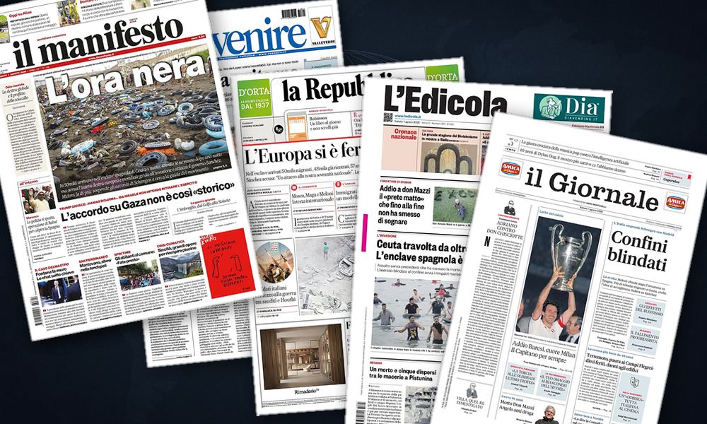 Collage delle prime pagine analizzate: Ceuta divide l0Europa, Gaza verso intesa incerta