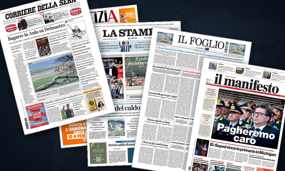 Collage delle prime pagine analizzate: Kyiv, Lipsia e Hormuz dominano le prime pagine