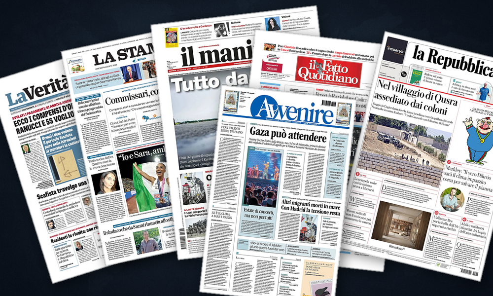 Collage delle prime pagine analizzate: Medio Oriente, Schengen e droni: le scelte in edicola