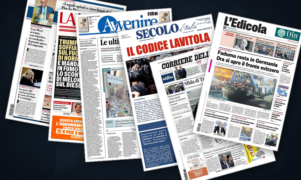 Collage delle prime pagine analizzate: Golfo in fiamme, Europa divisa sui migranti