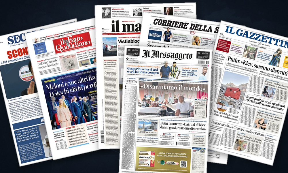 Collage delle prime pagine analizzate: Ucraina e Papa Leone in prima fila