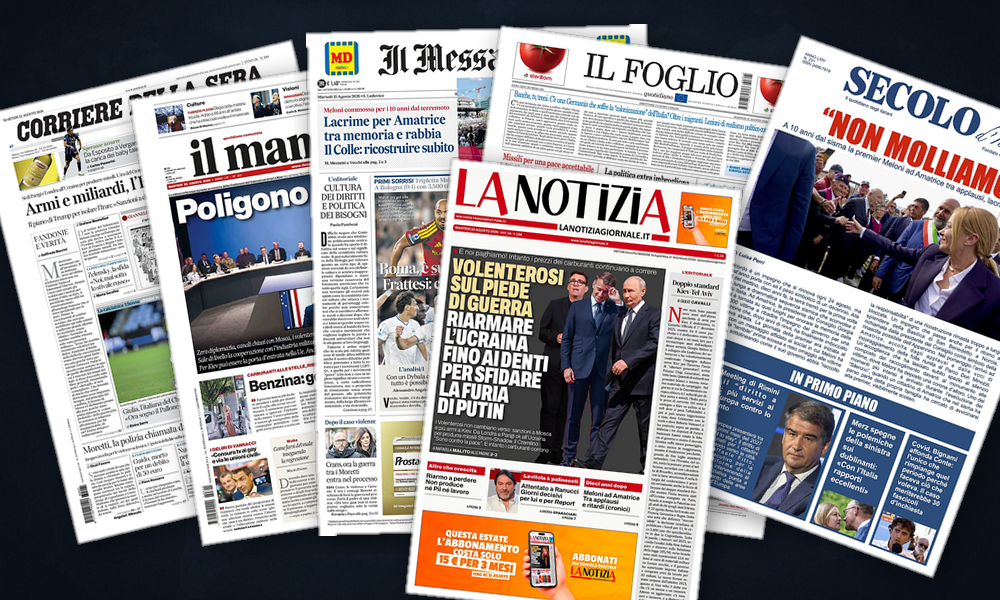 Collage delle prime pagine analizzate: Missili a Kiev e stretta USA sull’Iran