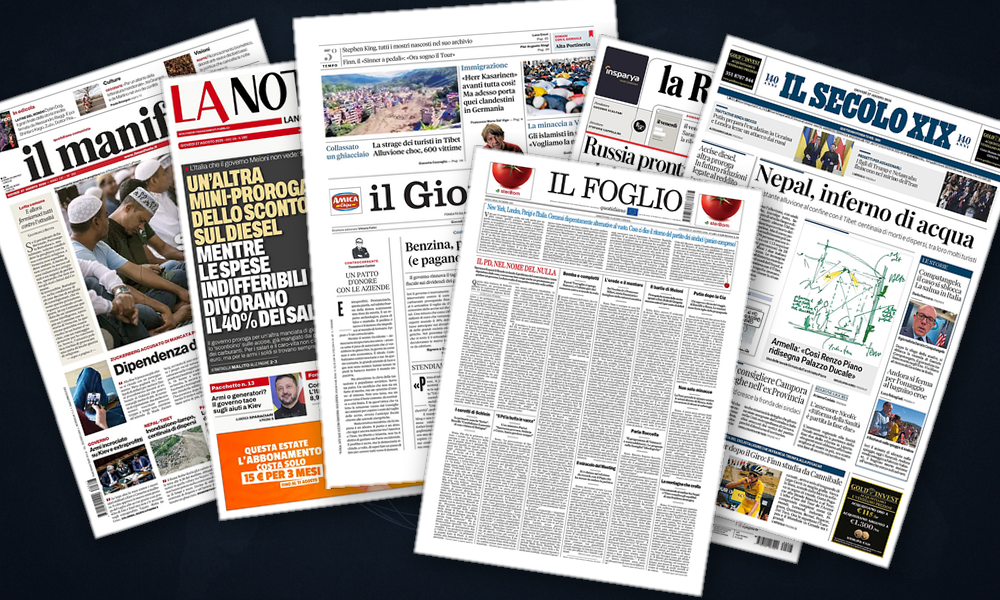Collage delle prime pagine analizzate: Fango, missili e Hormuz: le scelte italiane