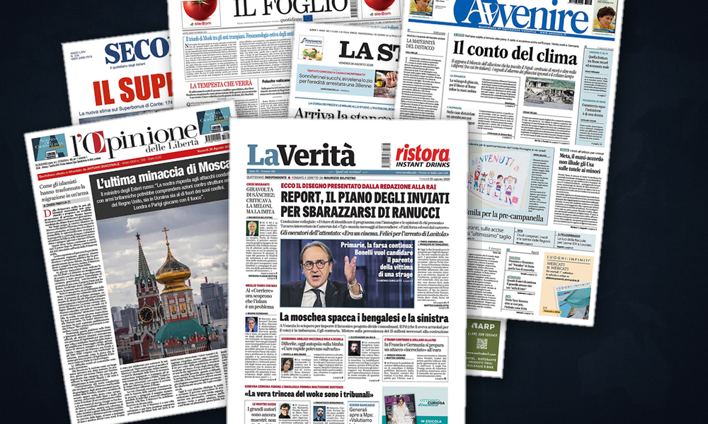 Collage delle prime pagine analizzate: Mosca minaccia, l’Europa si prepara