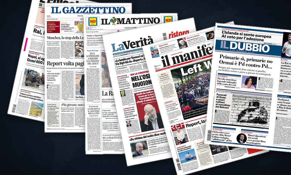 Collage delle prime pagine analizzate: Balcani, Ucraina e Nepal in prima pagina