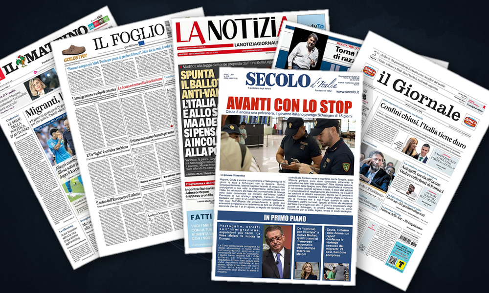 Collage delle prime pagine analizzate: Schengen, Hormuz e Ucraina