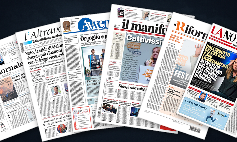 Collage delle prime pagine analizzate: Kiev sotto attacco, emissari USA a Mosca