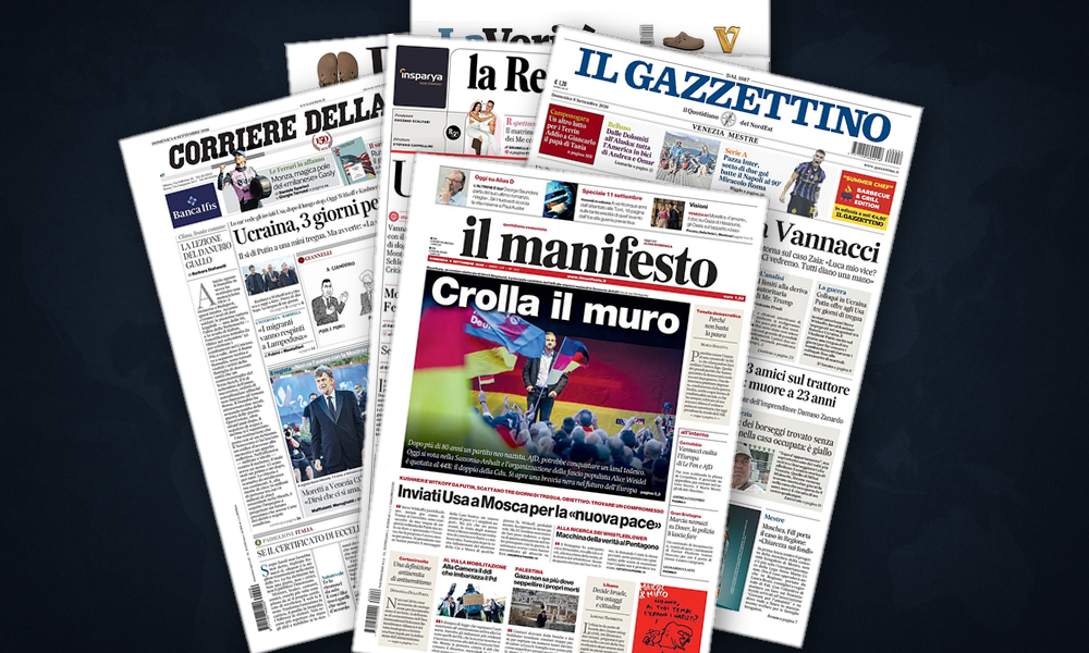 Collage delle prime pagine analizzate: Tregua lampo e urne tedesche inquietano l’Europa