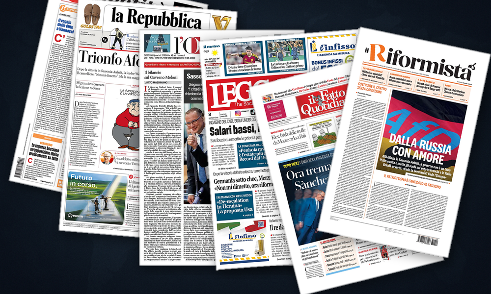 Collage delle prime pagine analizzate: Germania, scossa AfD e incognita europea