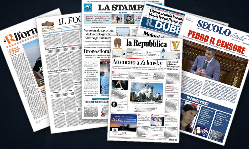 Collage delle prime pagine analizzate: Golfo in fiamme, Kiev tra negoziati e droni