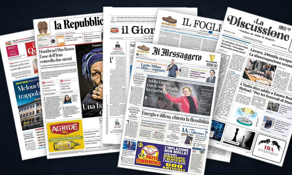 Collage delle prime pagine analizzate: Bab el‑Mandeb e l’America inquieta