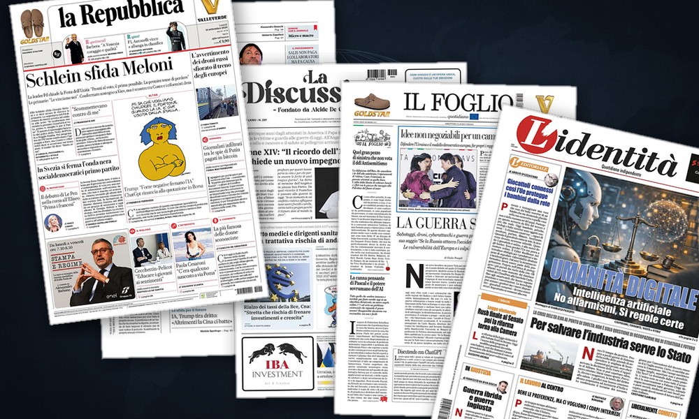 Collage delle prime pagine analizzate: Ai confini d’Europa, tra droni e urne