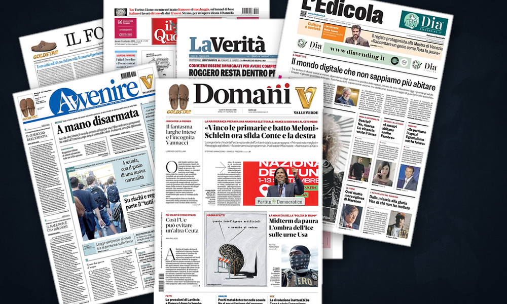 Collage delle prime pagine analizzate: Tregua energetica, shock del greggio e sfida sull’IA