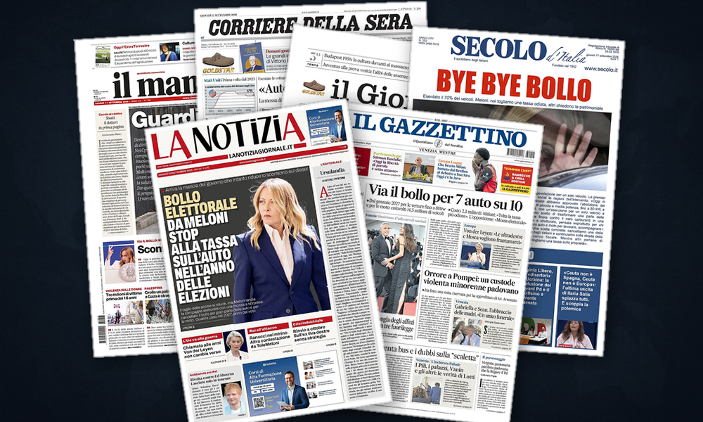Collage delle prime pagine analizzate: Ue-Canada, Gaza e ombre russe