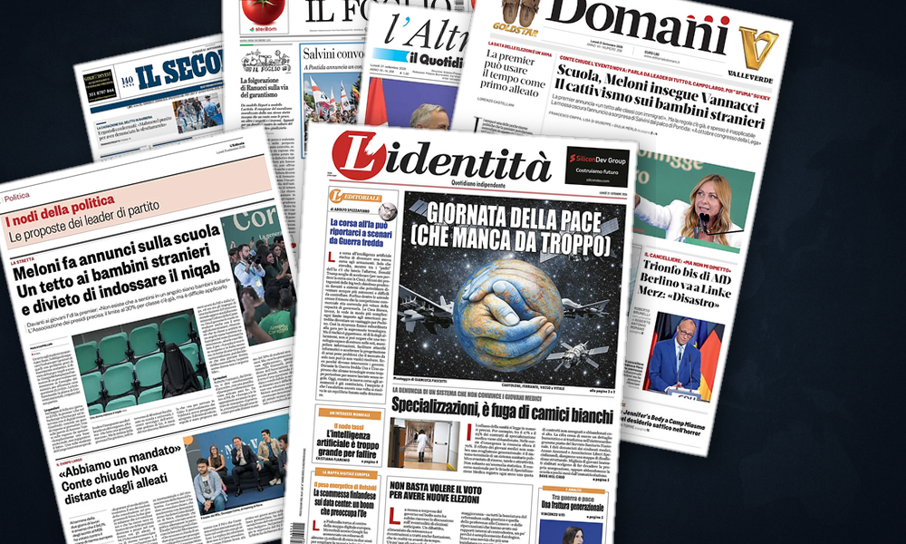 Collage delle prime pagine analizzate: Germania shock, droni su Mosca, Mar Rosso UE