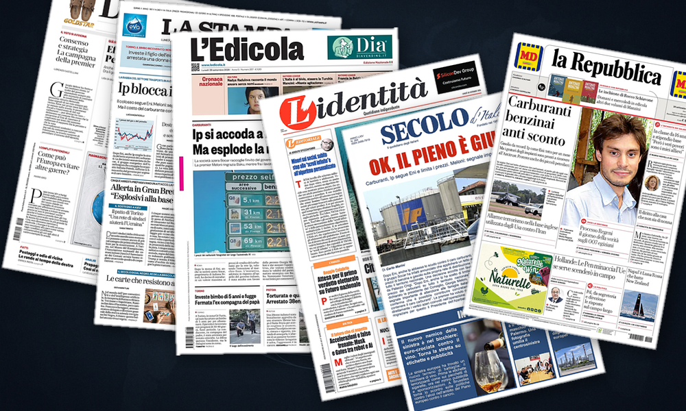 Collage delle prime pagine analizzate: Attentato sventato in UK e diplomazia vaticana