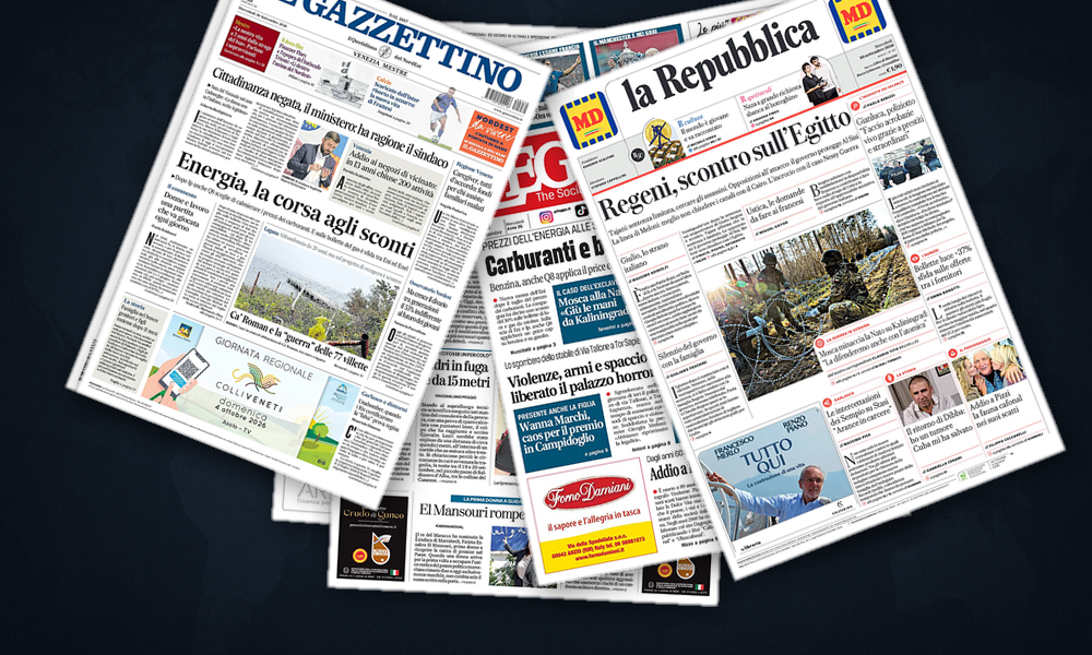 Collage delle prime pagine analizzate: Kaliningrad, Regeni ed energia dominano